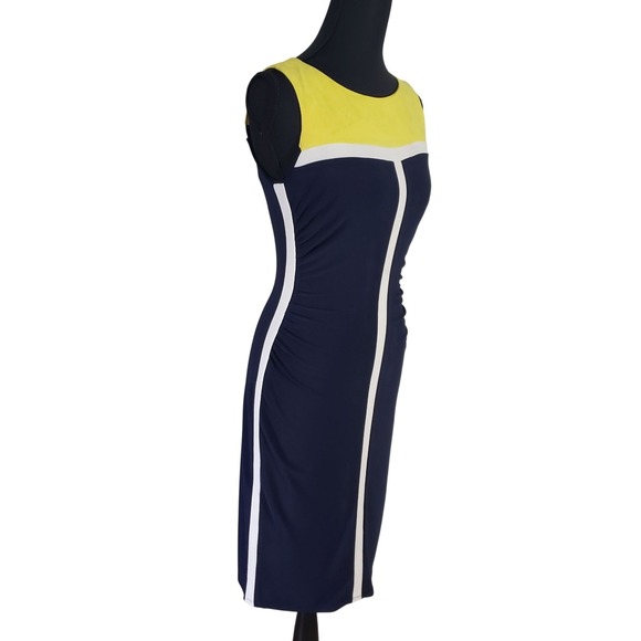 Lauren Ralph Lauren Colorblock Ruched Sheath Dress Navy Yellow Size 2 - Picture 3 of 12